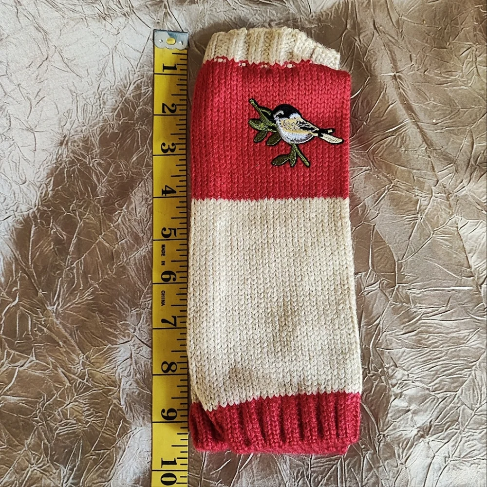 Fingerless Warm Gloves Thumb Holes Red and Cream Embroidered Birds Mittens NEW
